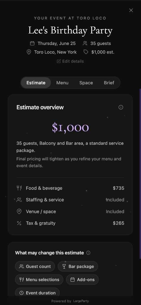 A guest's live event estimate inside the Guest Planning Suite